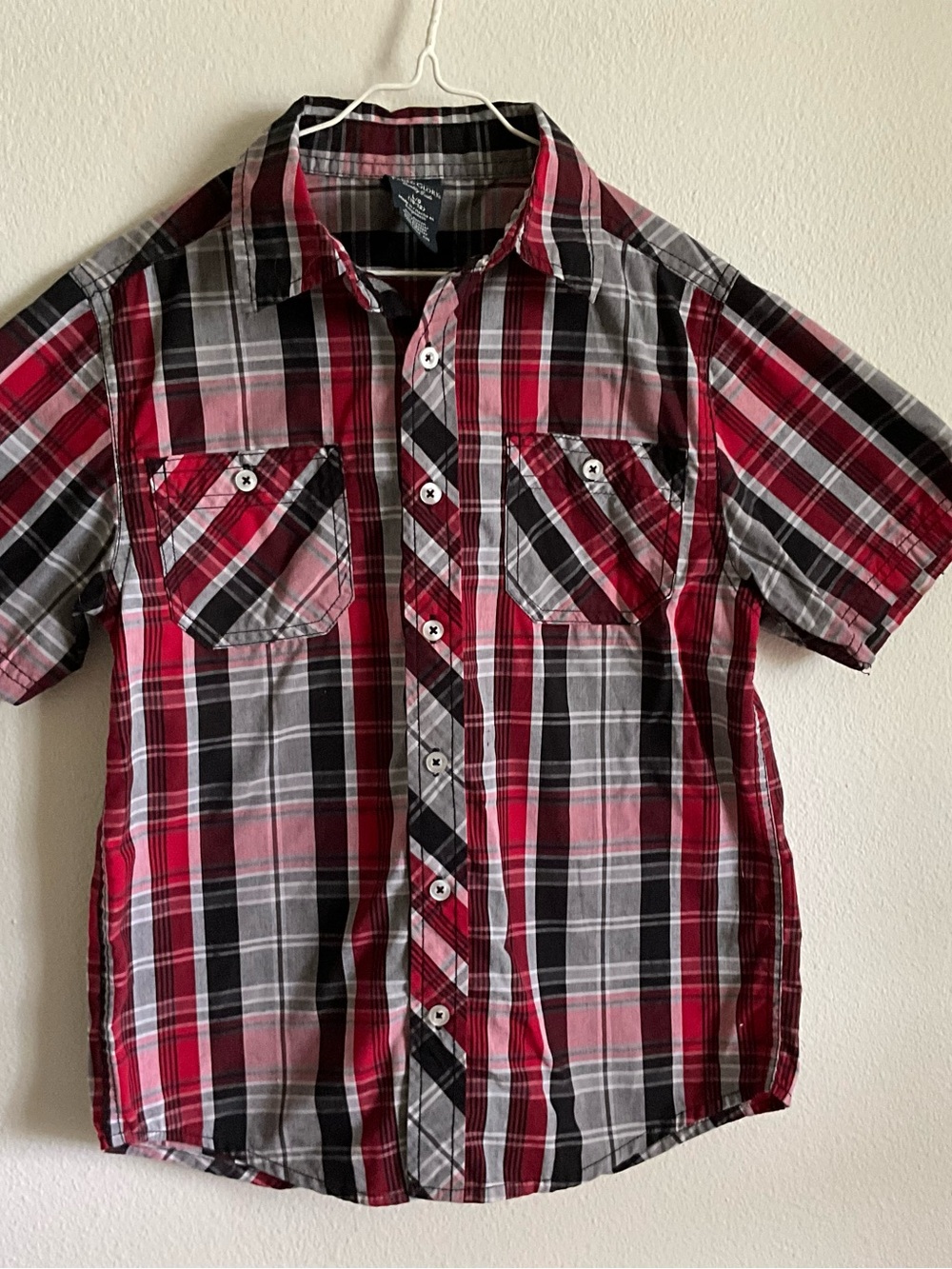 Faded Glory Red, Black & Gray Plaid Short Sleeve Shirt L 10 12 cowboy